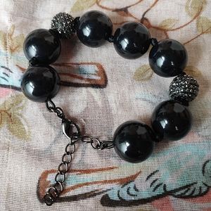 Black Lucite Hematite Rhinestone Gunmetal Oversized Bauble Bracelet EUC Amazing